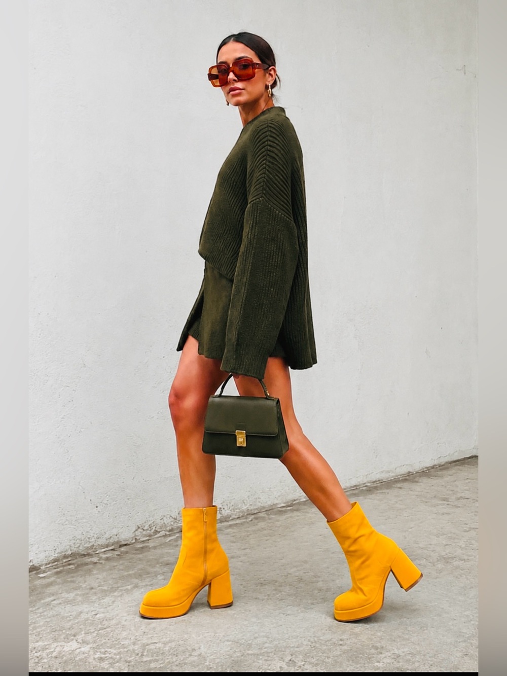 Italian Premium Suede Block Heel Ankle Boots in Marigold Yellow.